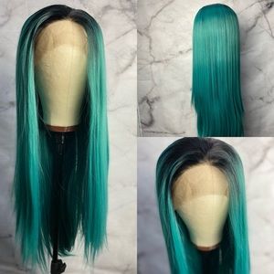Green Straight Lace Wig Black Root